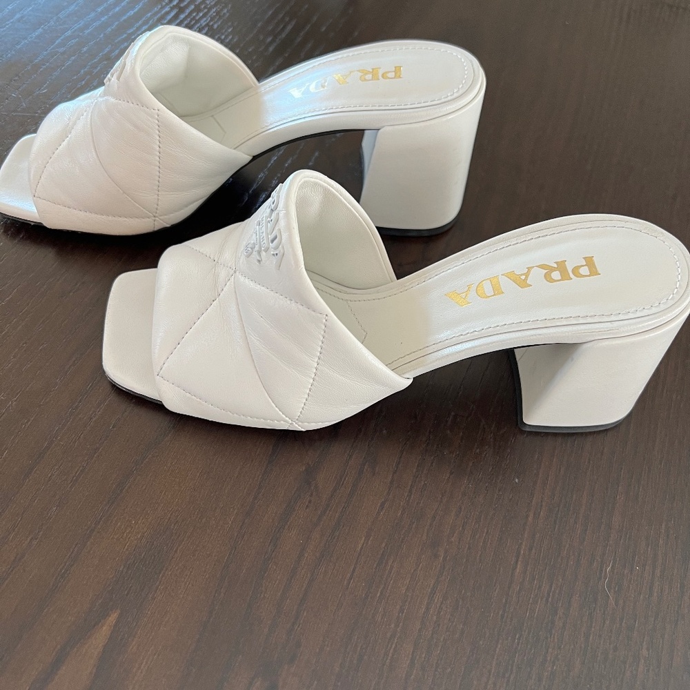 Prada White Napa Leather Block Heel Mule